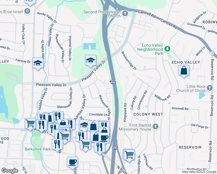 map of restaurants, bars, coffee shops, grocery stores, and more near 49 Kingsbridge Way in Little Rock