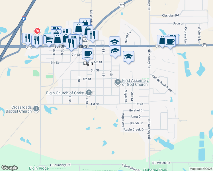map of restaurants, bars, coffee shops, grocery stores, and more near 301 J Street in Elgin