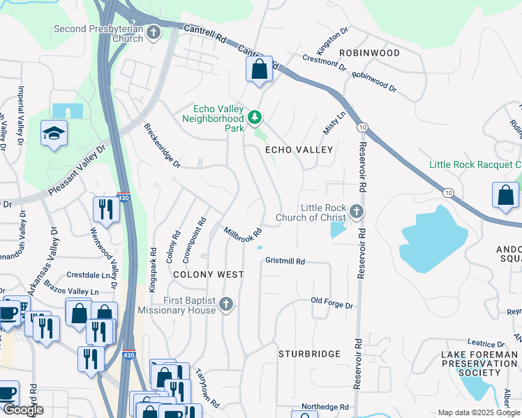 map of restaurants, bars, coffee shops, grocery stores, and more near 2714 Millbrook Road in Little Rock