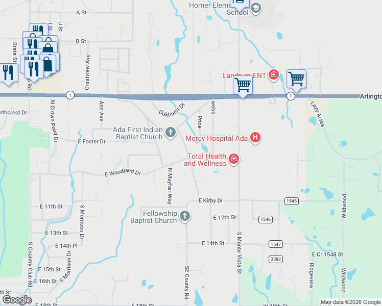 map of restaurants, bars, coffee shops, grocery stores, and more near 2600 East Woodland Drive in Ada