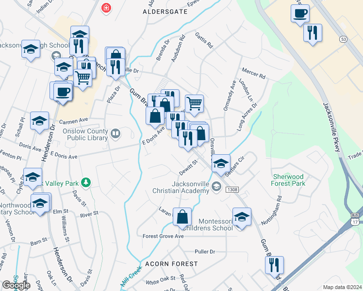 map of restaurants, bars, coffee shops, grocery stores, and more near 1121 Gum Branch Road in Jacksonville