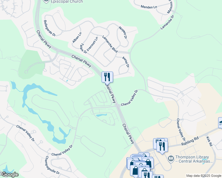 map of restaurants, bars, coffee shops, grocery stores, and more near Chenal Parkway in Little Rock