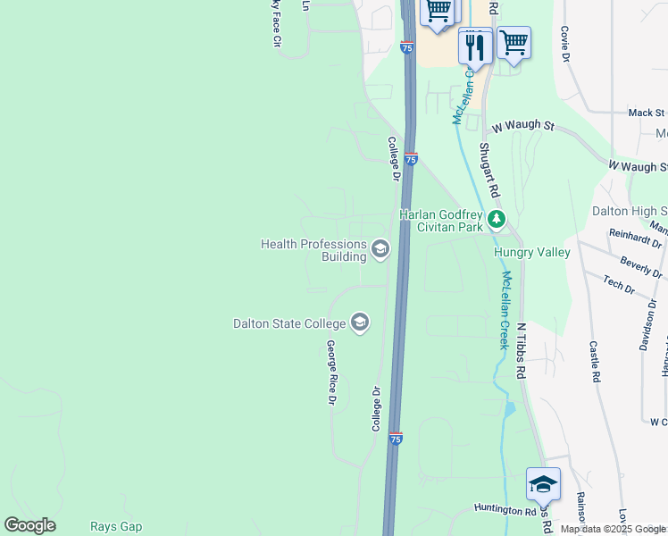 map of restaurants, bars, coffee shops, grocery stores, and more near 623 Campus Place in Dalton