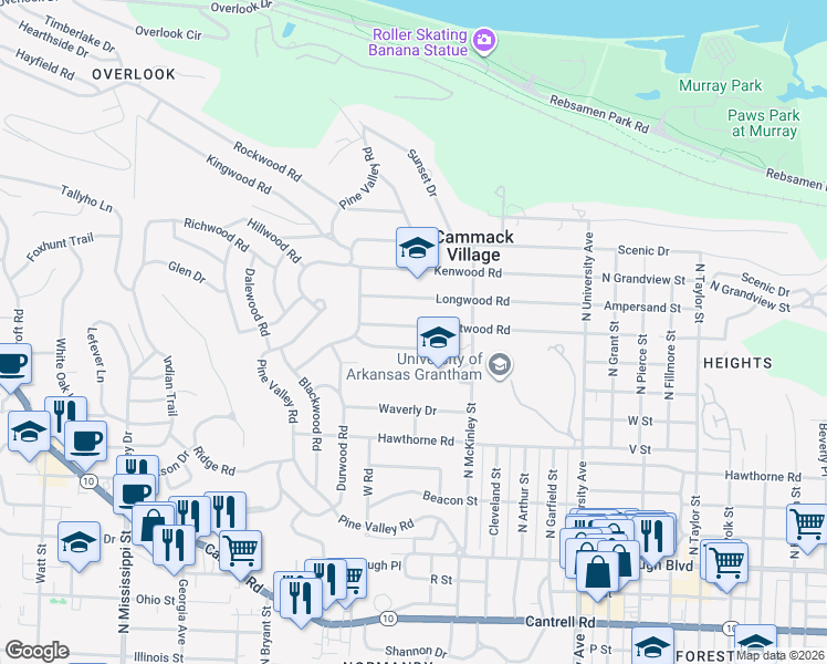 map of restaurants, bars, coffee shops, grocery stores, and more near 6523 Brentwood Road in Little Rock