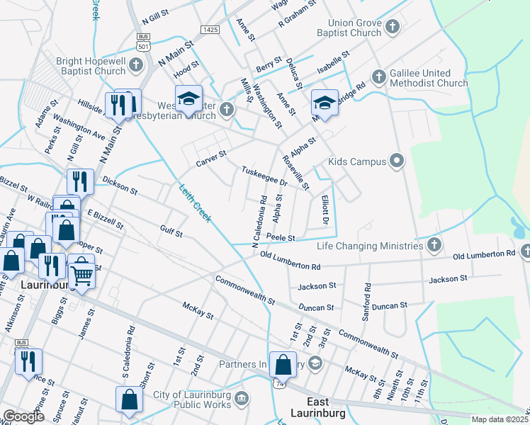 map of restaurants, bars, coffee shops, grocery stores, and more near 426 North Caledonia Road in Laurinburg