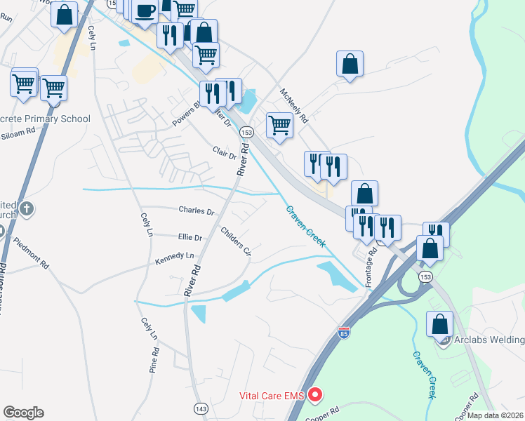 map of restaurants, bars, coffee shops, grocery stores, and more near 126 Childers Circle in Piedmont