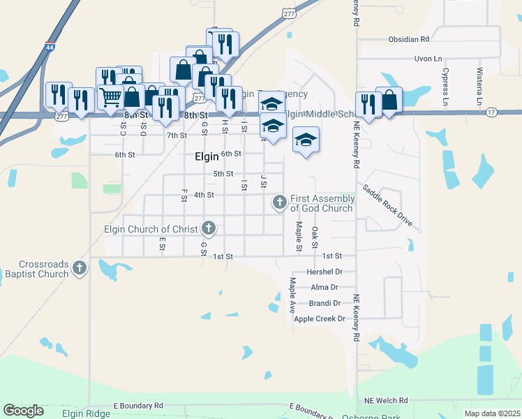map of restaurants, bars, coffee shops, grocery stores, and more near 301 J Street in Elgin