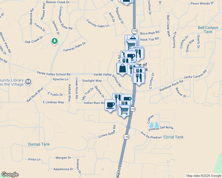 map of restaurants, bars, coffee shops, grocery stores, and more near 95 Morningside Drive in Sedona
