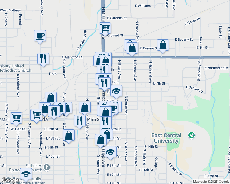 map of restaurants, bars, coffee shops, grocery stores, and more near 799 E 8th St in Ada