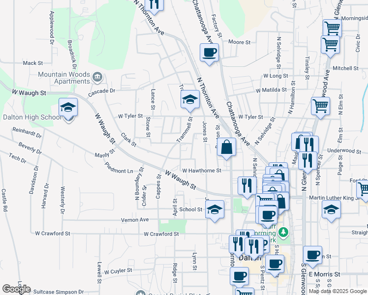 map of restaurants, bars, coffee shops, grocery stores, and more near 606 Clark Street in Dalton