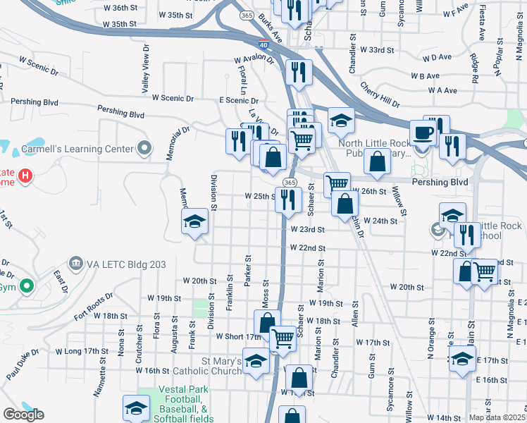 map of restaurants, bars, coffee shops, grocery stores, and more near 1104 West 24th Street in North Little Rock