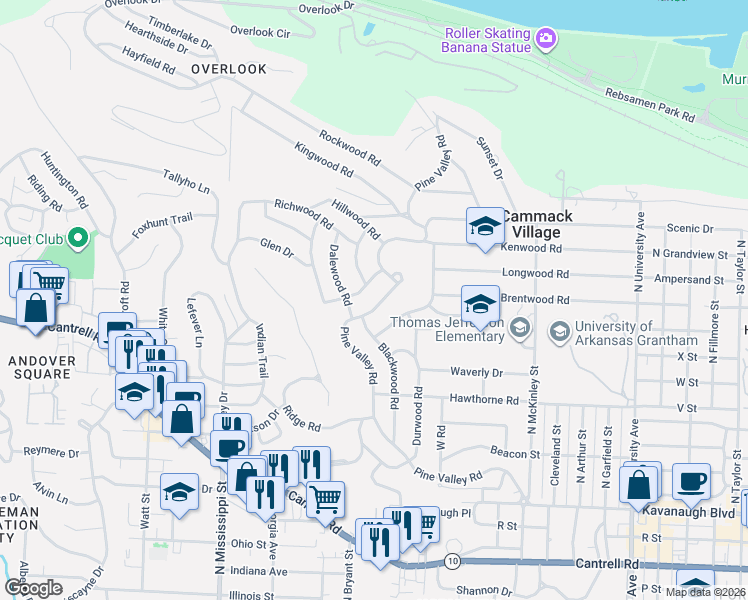 map of restaurants, bars, coffee shops, grocery stores, and more near 1312 Pine Valley Road in Little Rock