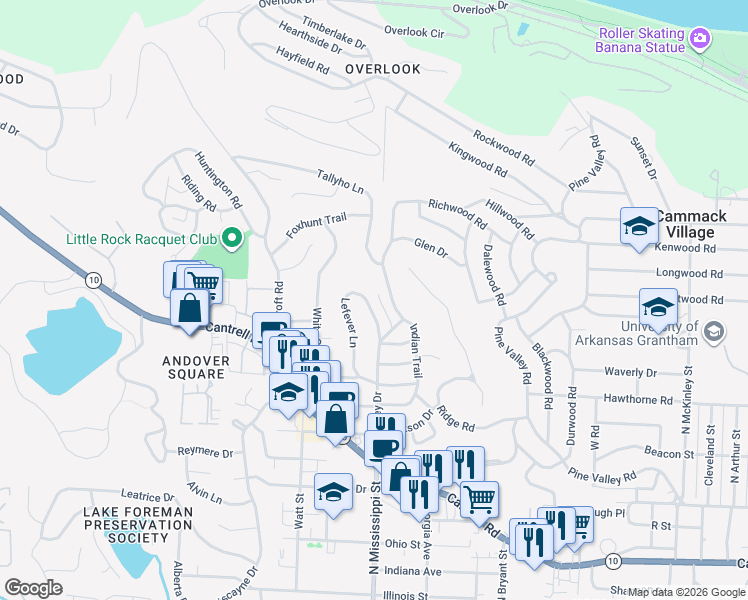 map of restaurants, bars, coffee shops, grocery stores, and more near 4 Drew Lane in Little Rock