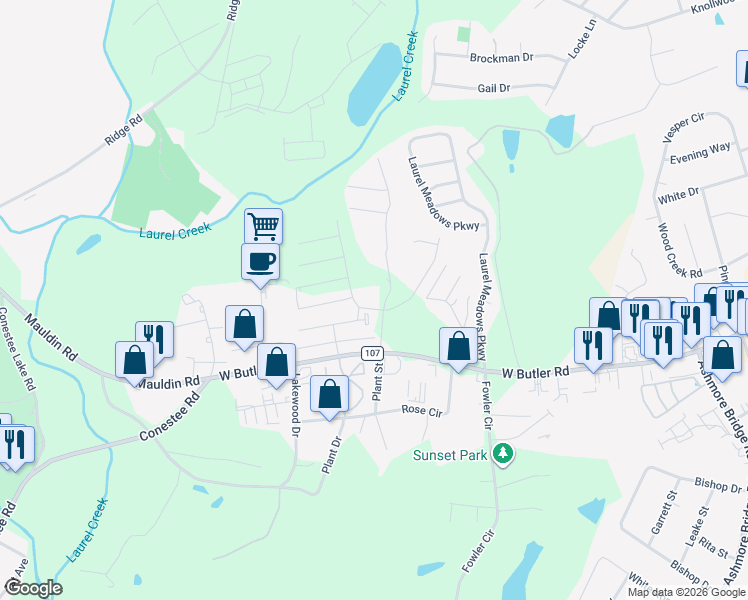 map of restaurants, bars, coffee shops, grocery stores, and more near 181 Hollyridge Court in Greenville