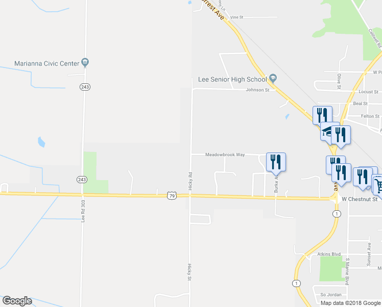 map of restaurants, bars, coffee shops, grocery stores, and more near 485 Hicky Road in Marianna