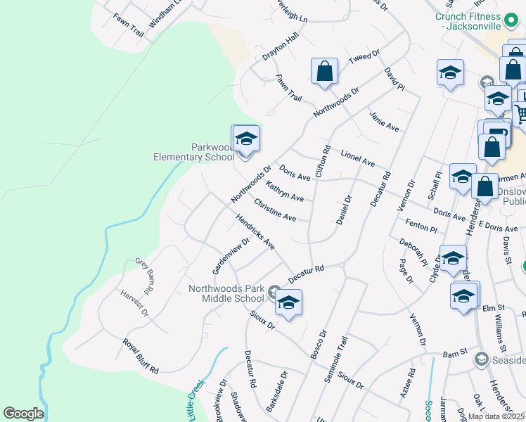 map of restaurants, bars, coffee shops, grocery stores, and more near 721 Christine Avenue in Jacksonville
