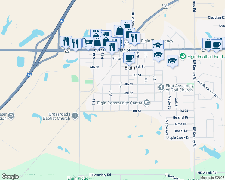 map of restaurants, bars, coffee shops, grocery stores, and more near 403 E Street in Elgin