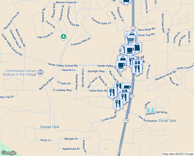 map of restaurants, bars, coffee shops, grocery stores, and more near 35 Devils Bridge in Sedona