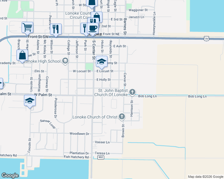 map of restaurants, bars, coffee shops, grocery stores, and more near 713 Reynolds Street in Lonoke