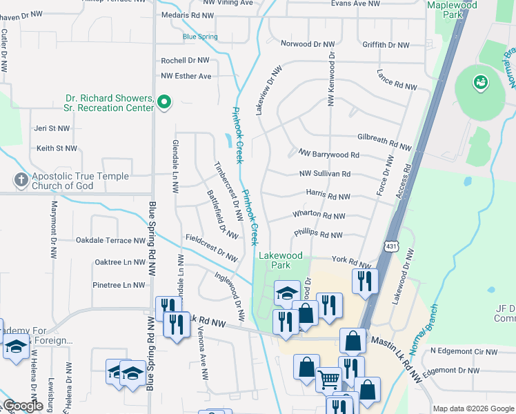 map of restaurants, bars, coffee shops, grocery stores, and more near 3903 Lakeview Drive Northwest in Huntsville