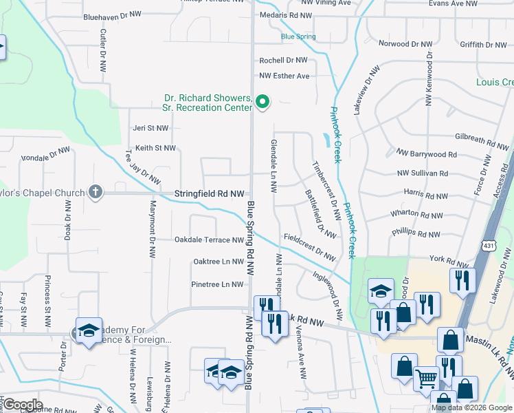 map of restaurants, bars, coffee shops, grocery stores, and more near 3709 Glendale Lane Northwest in Huntsville