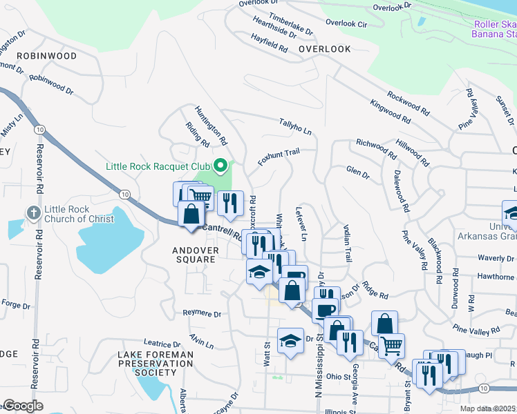 map of restaurants, bars, coffee shops, grocery stores, and more near 42 Foxcroft Road in Little Rock