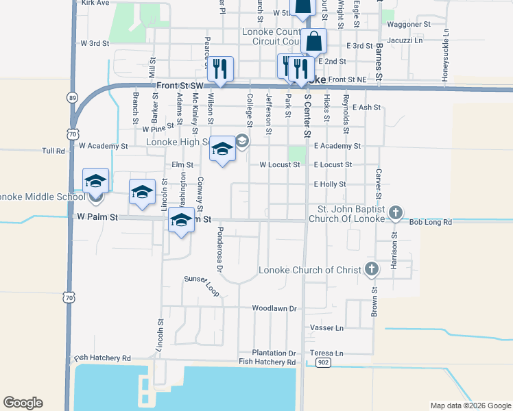 map of restaurants, bars, coffee shops, grocery stores, and more near 703 College Street in Lonoke