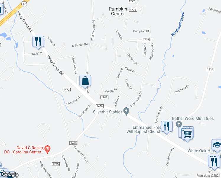 map of restaurants, bars, coffee shops, grocery stores, and more near 203 Knight Place in Jacksonville