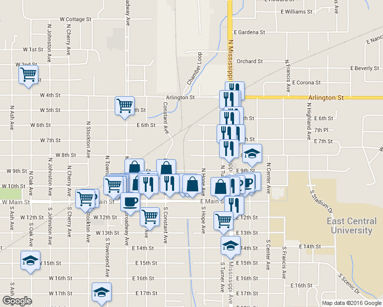 map of restaurants, bars, coffee shops, grocery stores, and more near 404 East 8th Street in Ada