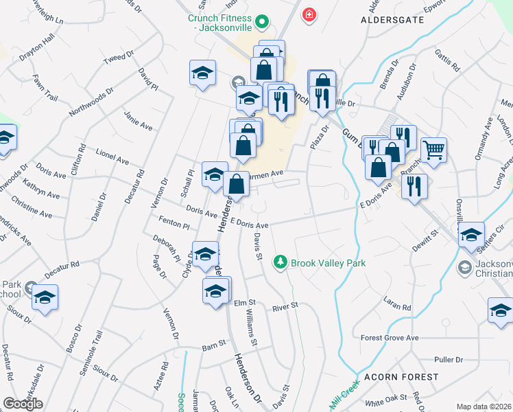 map of restaurants, bars, coffee shops, grocery stores, and more near 202 West Saltwood Place in Jacksonville