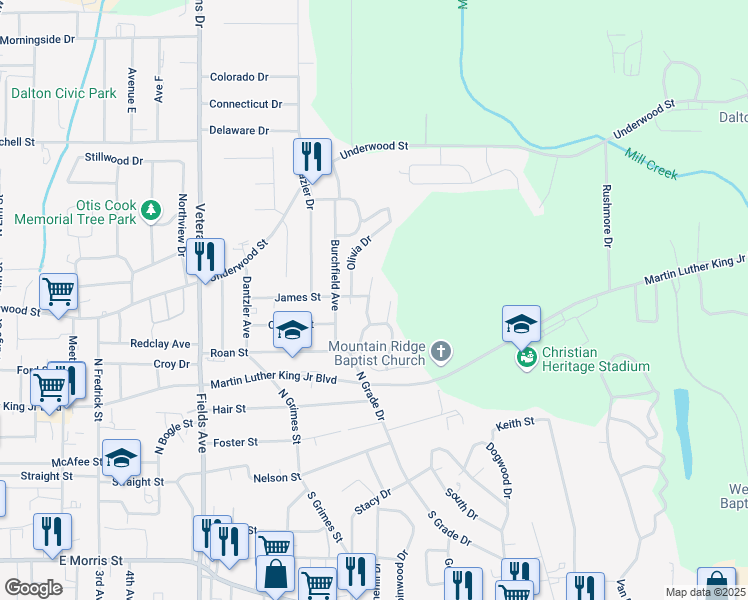 map of restaurants, bars, coffee shops, grocery stores, and more near 506 Redbird Drive in Dalton