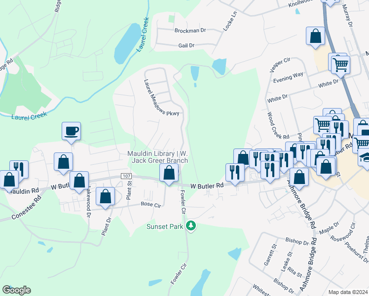 map of restaurants, bars, coffee shops, grocery stores, and more near 1 Laurelberry Lane in Greenville