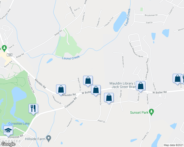 map of restaurants, bars, coffee shops, grocery stores, and more near 108 Park Pl Ct in Greenville