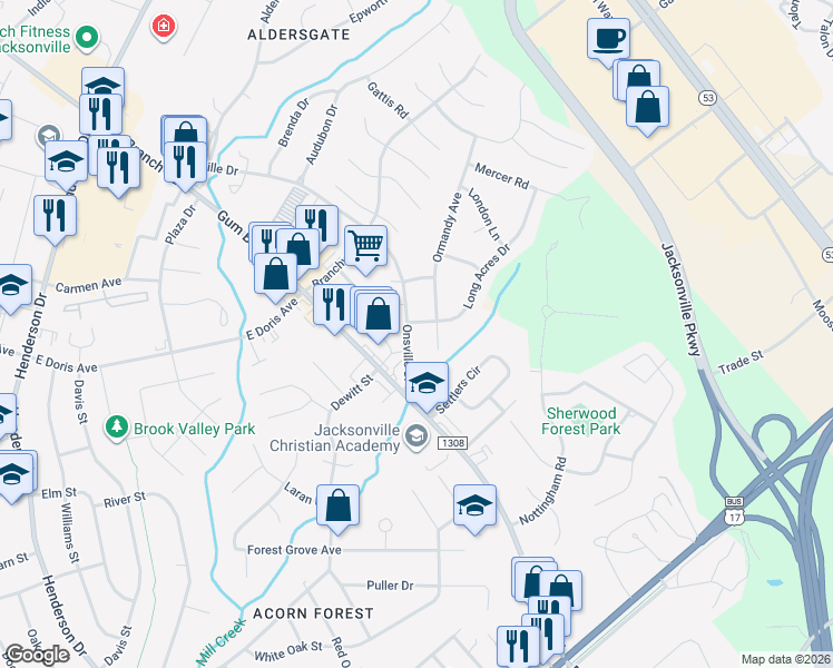 map of restaurants, bars, coffee shops, grocery stores, and more near 1008 Onsville Drive in Jacksonville