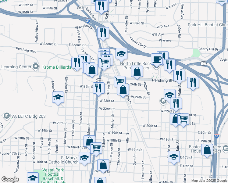 map of restaurants, bars, coffee shops, grocery stores, and more near 812 West 24th Street in North Little Rock