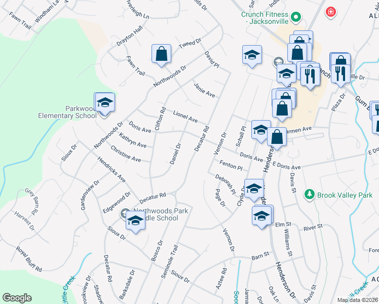 map of restaurants, bars, coffee shops, grocery stores, and more near 1032 Decatur Road in Jacksonville