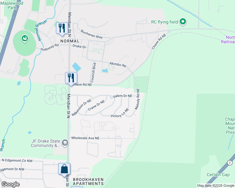 map of restaurants, bars, coffee shops, grocery stores, and more near 3822 Colton Lane Northeast in Huntsville