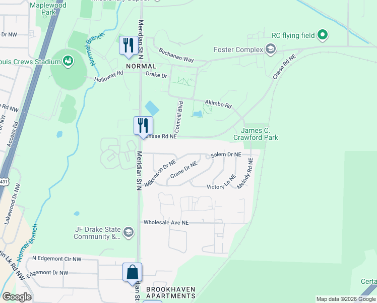 map of restaurants, bars, coffee shops, grocery stores, and more near 136 Wilkenson Drive Northeast in Huntsville