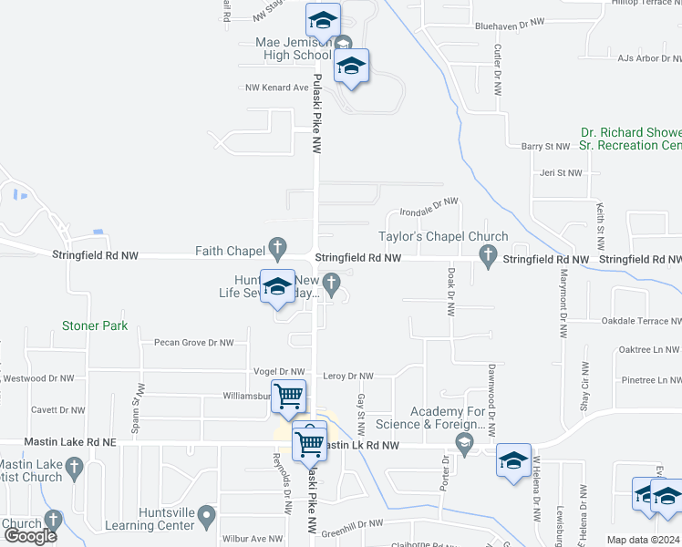 map of restaurants, bars, coffee shops, grocery stores, and more near 3912 Pulaski Pike Northwest in Huntsville