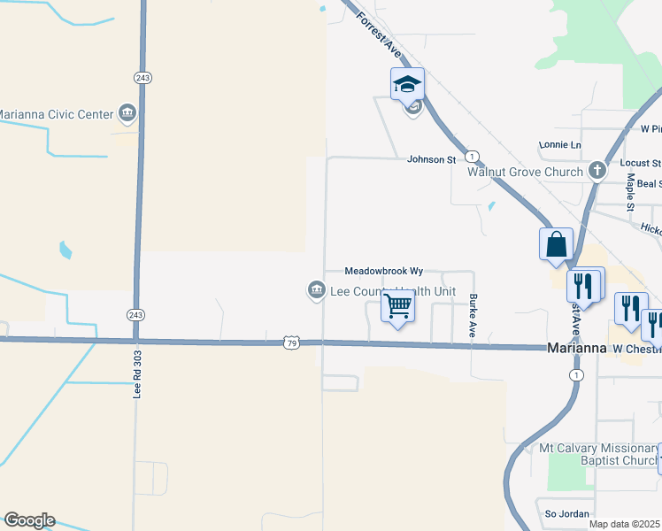 map of restaurants, bars, coffee shops, grocery stores, and more near 513 Hicky Road in Marianna