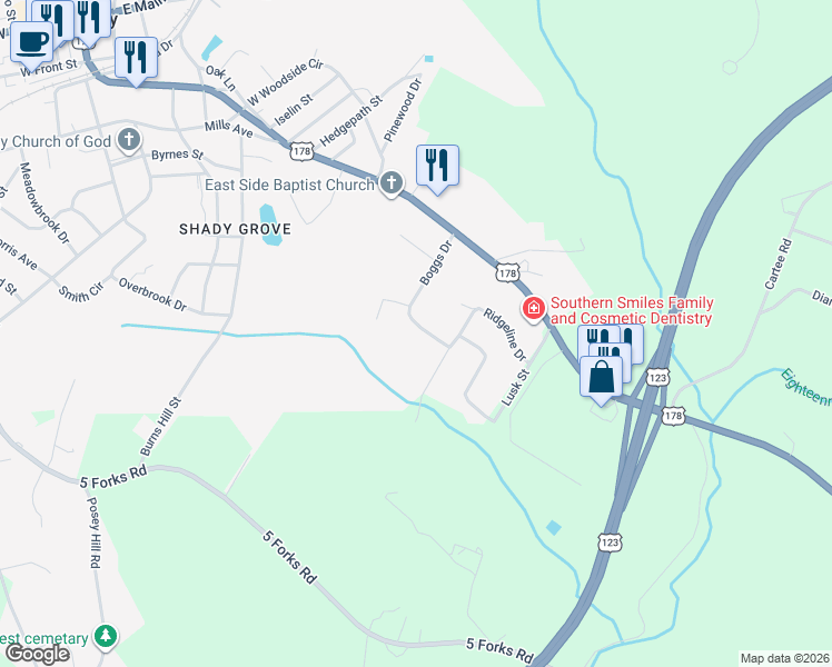 map of restaurants, bars, coffee shops, grocery stores, and more near 20 Boggs Drive in Liberty