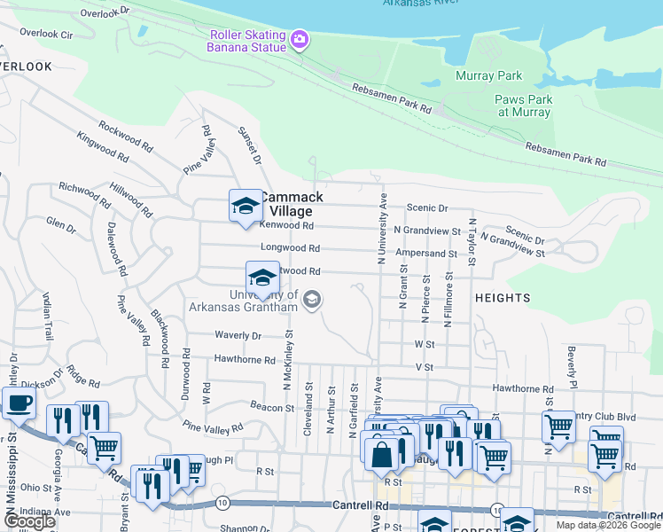 map of restaurants, bars, coffee shops, grocery stores, and more near 6204 Brentwood Road in Little Rock