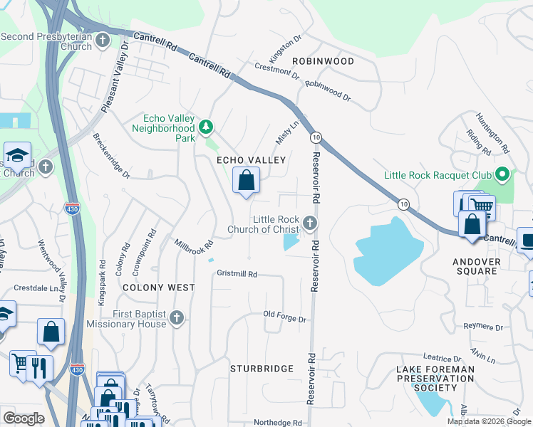 map of restaurants, bars, coffee shops, grocery stores, and more near 3 New Haven Court in Little Rock