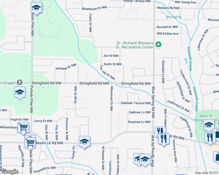 map of restaurants, bars, coffee shops, grocery stores, and more near 3649 Marymont Drive Northwest in Huntsville