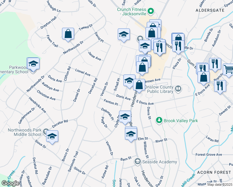 map of restaurants, bars, coffee shops, grocery stores, and more near 306 West Meetinghouse Drive in Hubert