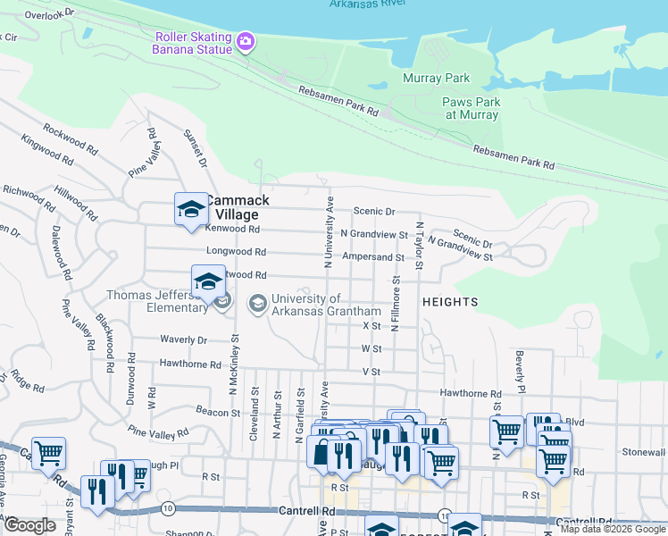 map of restaurants, bars, coffee shops, grocery stores, and more near 2723 North University Avenue in Little Rock
