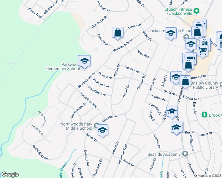 map of restaurants, bars, coffee shops, grocery stores, and more near 1111 Clifton Road in Jacksonville