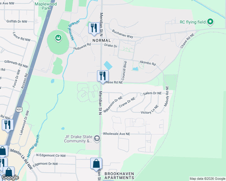 map of restaurants, bars, coffee shops, grocery stores, and more near 104 Whitney Avenue Northeast in Huntsville