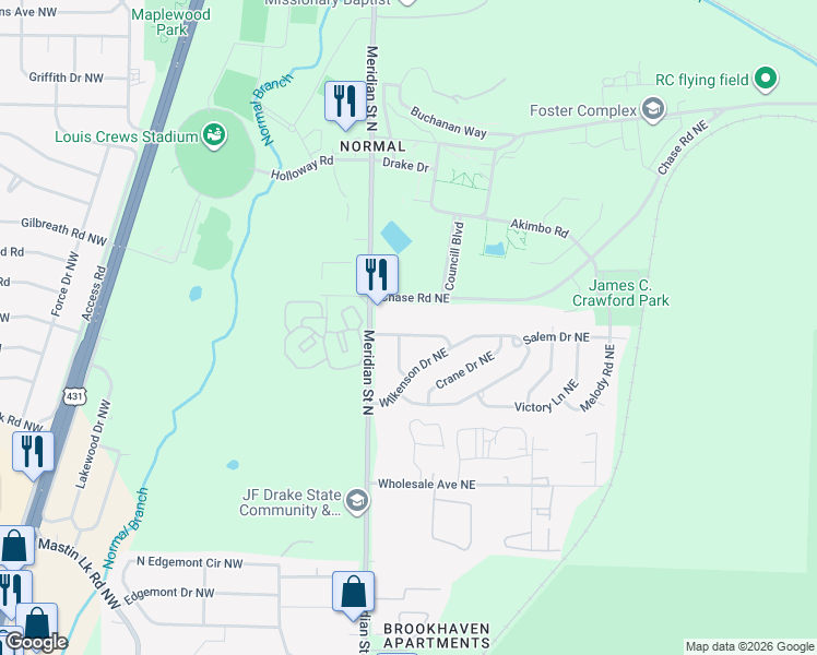 map of restaurants, bars, coffee shops, grocery stores, and more near 104 Whitney Avenue Northeast in Huntsville