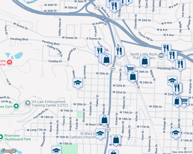 map of restaurants, bars, coffee shops, grocery stores, and more near 2320 Franklin Street in North Little Rock